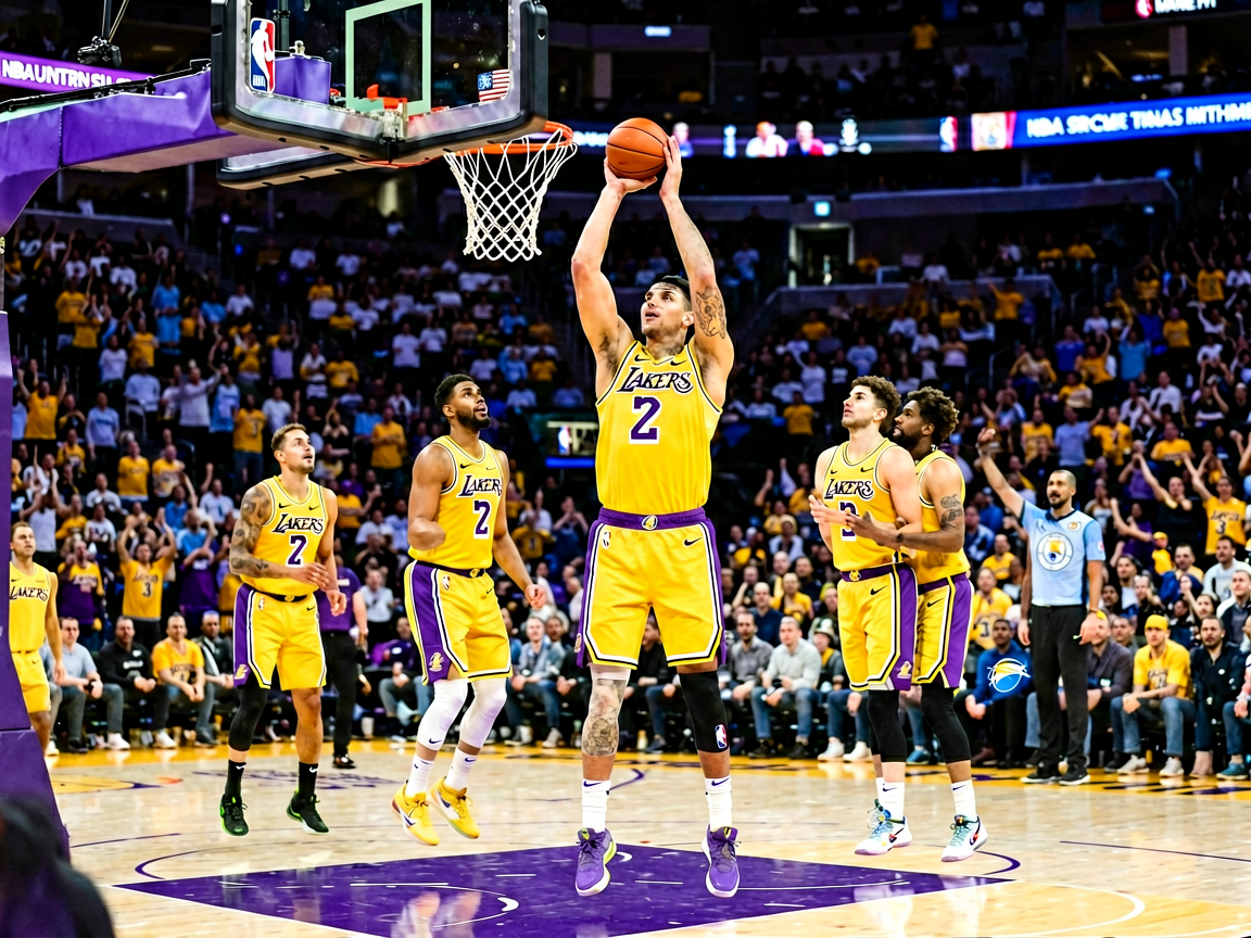 NBA湖人队比赛现场，球员在三分线外准备出手
