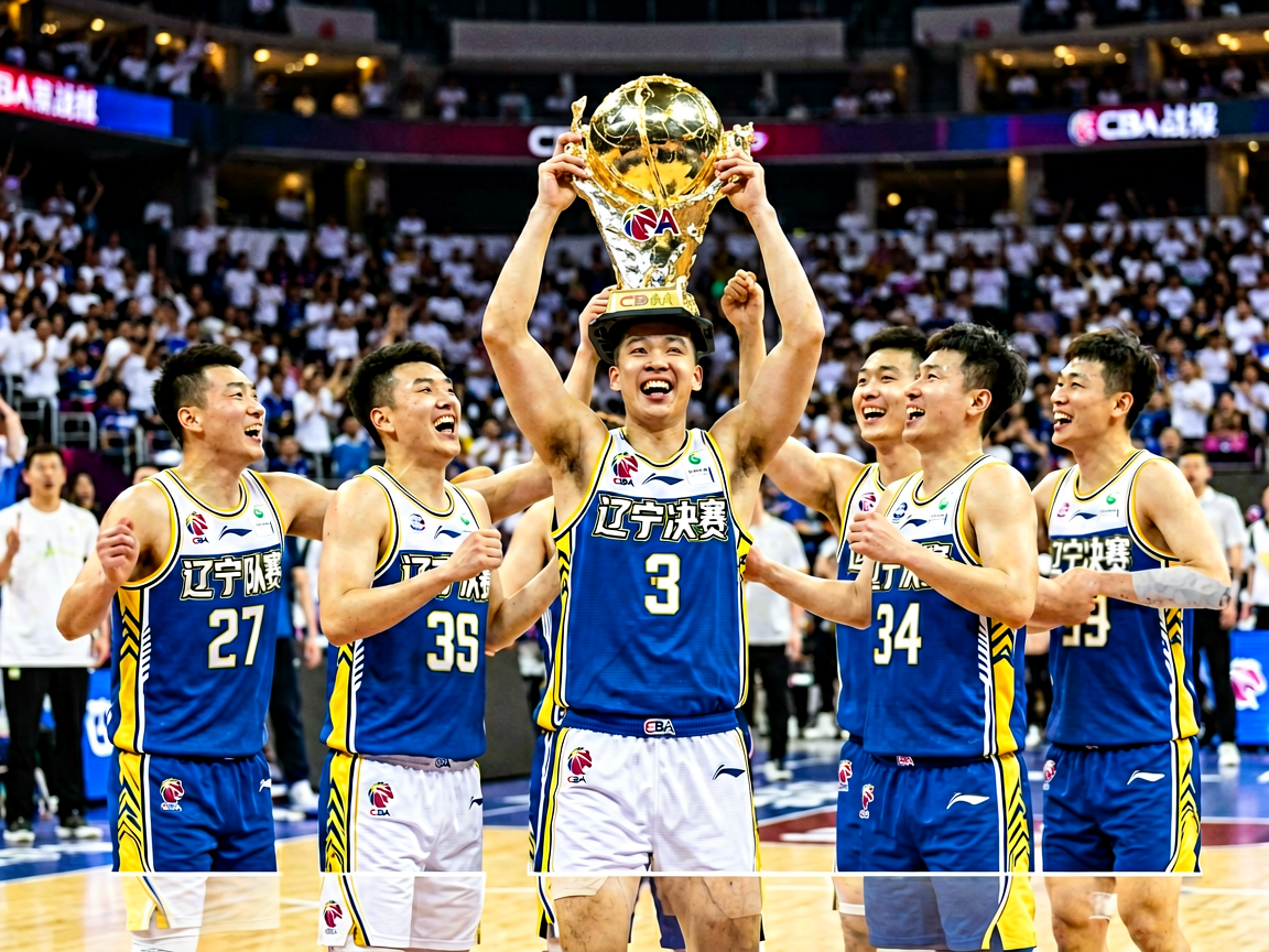 CBA总决赛现场，辽宁队球员庆祝夺冠时刻